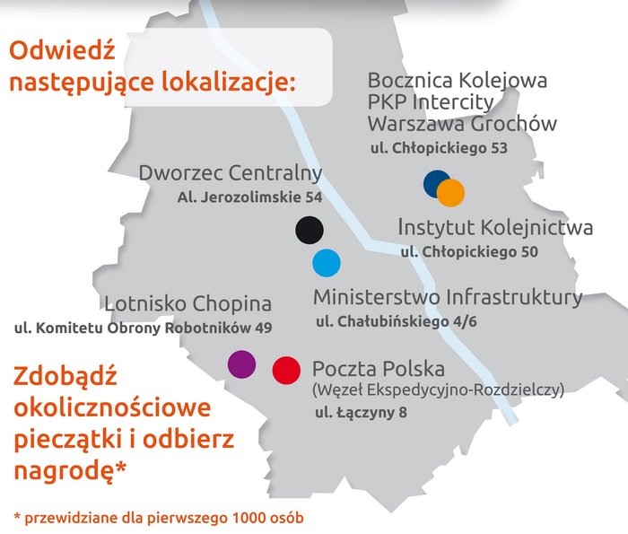 Grafika z treścią: Odnajdź następujące lokalizacje: Bocznica Kolejowa PKP Intercity Warszawa Grochów (ul. Chłopickiego 53), Dworzec Centralny (Al. Jerozolimskie 54), Instytut Kolejnictwa (ul. Chłopickiego 50), Lotnisko Chopina (ul. Komitetu Obrony Robotników 49), Ministerstwo Infrastruktury (ul. Chałubińskiego 4/6), Poczta Polska (Węzeł Ekspedycyjno-Rozdzielczy - ul. Łączyny 8). Dla pierwszych 1000 osób nagroda za zdobycie okolicznościowych pieczątek.